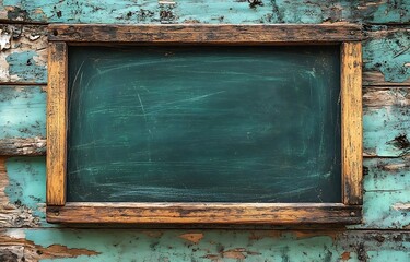 Poster - Rustic Empty Chalkboard with Wooden Frame on Textured Turquoise Wall Perfect for Messages or Advertisements : Generative AI