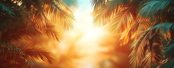 Fototapete - Tropical Paradise Palm Trees Silhouetted Against a Golden Sunset Sky Exotic Vacation Background : Generative AI
