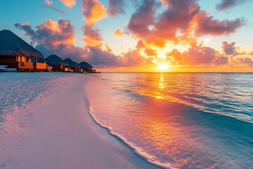 Poster - Tropical Paradise Sunset on Beach with Ocean Villas. Serene Ocean View at Dusk for Travel and Vacation : Generative AI