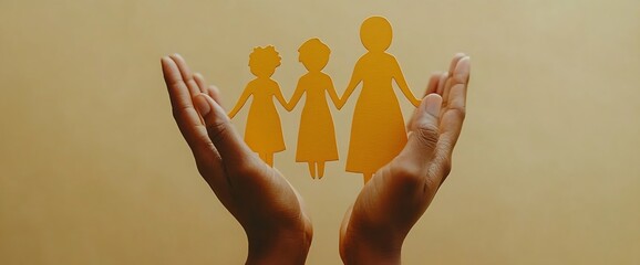 Poster - Paper Cutout of Family in Hands. Symbolic Representation of Support Protection and Care for Loved Ones. Family Concept : Generative AI