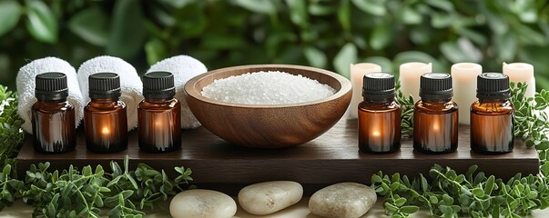 Aufkleber - Spa and Wellness Still Life Featuring Essential Oils Sea Salt Candles and Greenery for Relaxation : Generative AI
