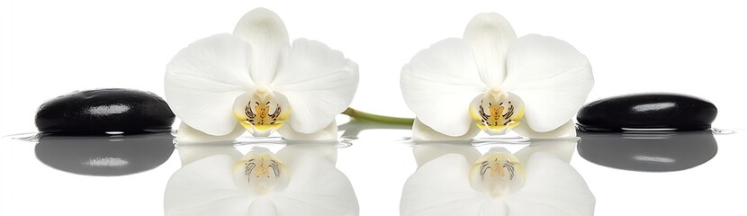 Aufkleber - Serene White Orchid Blossoms with Black Spa Stones in Tranquil Water Reflection for Wellness and Relaxation : Generative AI