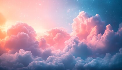 Poster - Dreamy pastel clouds glowing in the sky during sunset creating a serene and magical atmosphere : Generative AI