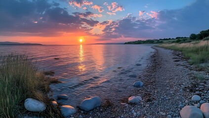 Aufkleber - Dramatic Sunset Over Sea and Shore Vibrant Sky Reflected in Water Tranquil Coastal Landscape Golden Hour Beauty : Generative AI