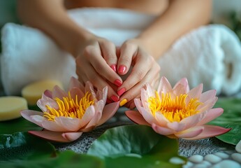 Aufkleber - Elegant Spa Scene with Pink Lotus Flowers and Woman's Hands for Beauty and Wellness Product Photography : Generative AI