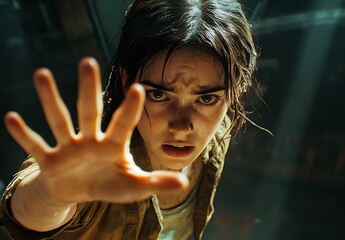 Poster - Intense emotional expression of woman reaching out in a dramatic lighting environment : Generative AI