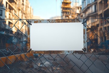 Aufkleber - Blank White Sign on Rusty Fence at Construction Site Copy Space for Message Urban Development Real Estate Opportunity : Generative AI