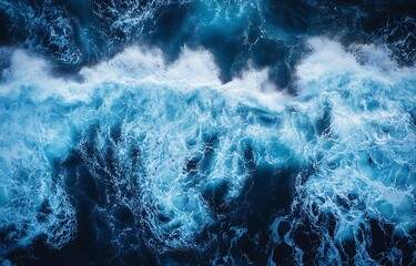 Fototapete - Aerial View of Ocean Waves Crashing Deep Blue Sea Nature Scenery and Abstract Water Texture Power : Generative AI