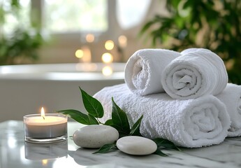 Poster - Spa Day Still Life Rolled White Towels Candlelight and Greenery for Relaxation and Tranquility at Home : Generative AI