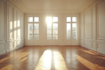 Aufkleber - Sunlit Empty Room with Parquet Floor  Bright Interior with Large Windows and Ornate White Walls Serene Space : Generative AI