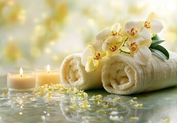 Aufkleber - Elegant spa arrangement featuring luxurious towels glowing candles and fresh orchids for relaxation : Generative AI