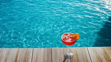 Wall Mural - refreshing summer cocktail with orange slice resting on wooden poolside deck against vibrant turquoi