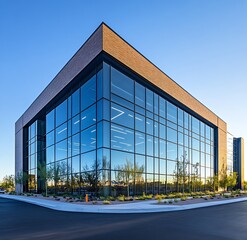 Aufkleber - Modern Glass Building Exterior with Reflective Windows and Blue Sky on a Sunny Day : Generative AI