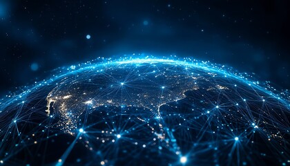 Fototapete - Digital Earth Globe with Glowing Network Connections Representing Global Communication Data Transfer and Technology Innovation : Generative AI