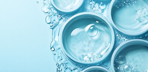 Fototapete - Luxurious Beauty Product Moisturizing Cream Jars with Water Droplets and Bubbles on a Soft Blue Background : Generative AI