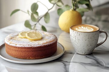 Wall Mural - Contemporary Mother's Day brunch with a vegan lemon cake and a ceramic cup of latte, displayed on a sleek, minimalist table.