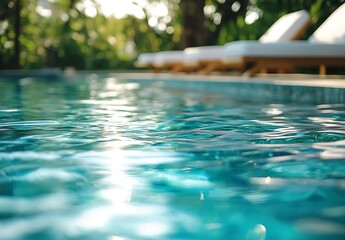 Poster - Serene Swimming Pool Water Close Up Sparkling Reflections Under Sunlight Ideal for Summer Vacation and Resort Relaxation : Generative AI
