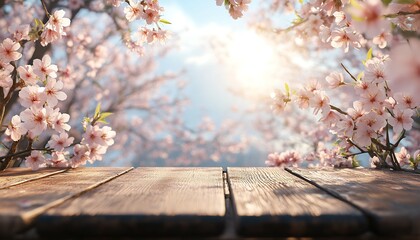 Poster - Elegant cherry blossoms framing a wooden table illuminated by soft sunlight creating a serene moment : Generative AI