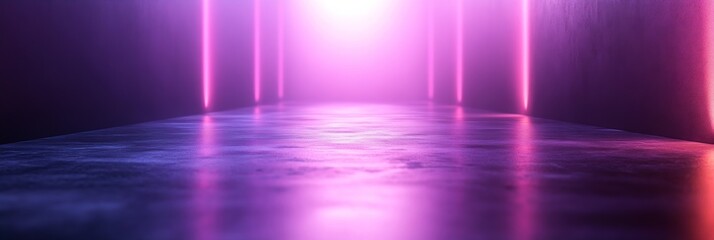 Poster - Futuristic Hallway with Neon Lights Abstract Design Concept. Bright Violet Glow Background with Dark Floor. Tech Space Design : Generative AI