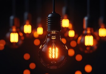 Aufkleber - Vintage Light Bulbs with Glowing Filaments Warm Lighting Electric Energy Idea and Innovation Concept Dark Background : Generative AI