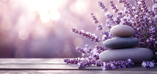 Poster - Serene Lavender and Stones Arrangement on Wooden Table Capturing Tranquility and Natural Beauty : Generative AI