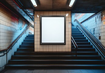 Poster - Blank Billboard Ad Space in Subway Station Surrounded by Stairs for Marketing Design Mockup and Advertisement Placement : Generative AI