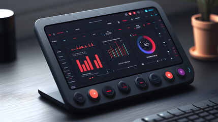 Sleek dark-themed control panel displays real-time data with graphs and charts.  Physical buttons offer tactile interaction. Modern, minimalist design.