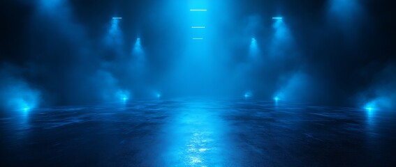Aufkleber - Mysterious Blue Lit Stage with Fog Dark Moody Background Spotlights and Futuristic Ambiance for Concert or Presentation : Generative AI