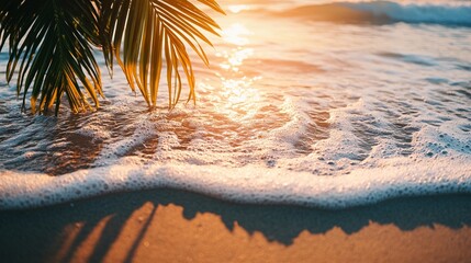 Wall Mural - serene tropical sunset with golden sunlight reflecting on gentle ocean waves, palm leaf silhouette c