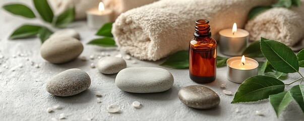 Poster - Spa Essential Oil with Stones and Towels Peaceful Wellness and Relaxation Still Life Aromatherapy and Self Care : Generative AI