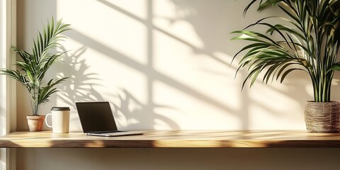 Leinwandbilder - Modern Workspace Laptop Coffee and Plants on a Wooden Desk with Natural Light Streaming Through a Window : Generative AI