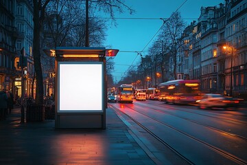 Poster - Urban Cityscape at Dusk with Illuminated Billboard Empty Advertising Space on Bus Stop Street Photography : Generative AI
