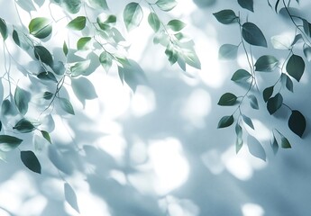 Poster - Abstract Nature Background of Green Leaves and Sunlit Shadows on White Wall Refreshing Botanical Theme and Natural Light Aesthetic Design : Generative AI