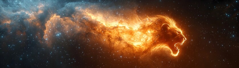 Wall Mural - Fiery cosmic nebula shaped like a roaring lion