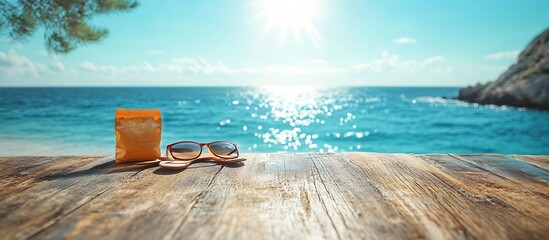 Fototapete - Summer Vacation Scene with Sunglasses and Orange Package on Wood Table. Relaxing Beach View with Sparkling Sea : Generative AI