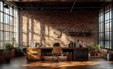 Fototapete - Rustic Industrial Office Interior with Brick Wall Wooden Desk and Natural Light Design Concept : Generative AI