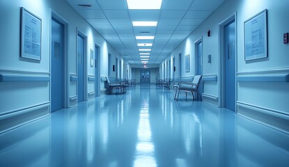 Poster - Empty Hospital Hallway with Sterile Blue Walls and Chairs Awaiting Patients in Medical Clinic : Generative AI