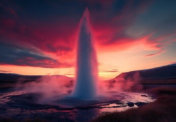 Aufkleber - Stunning geyser eruption at sunset illuminating the dramatic sky with vibrant colors in a scenic landscape : Generative AI