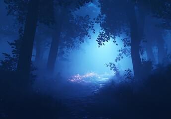 Aufkleber - Surreal foggy forest path illuminated by a mysterious blue light creating an ethereal atmosphere for photographs : Generative AI