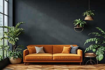 Poster - Modern Living Room Interior with Orange Sofa Indoor Plants and Dark Blue Wall for Home Decor Inspiration : Generative AI