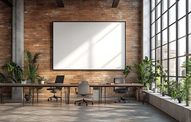 Fototapete - Modern Office Interior with Blank White Board and Brick Wall Workspace with Plants and Large Windows for Presentation : Generative AI