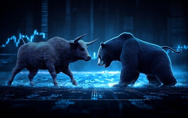 Aufkleber - Bull and Bear Confrontation on Digital Stock Market Chart Background Finance and Investment Concepts Blue Tones AI Generated : Generative AI