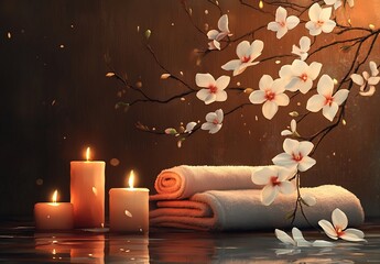 Aufkleber - Spa Scene with Candles Flowers and Towels Relaxation Wellness Therapy Wellbeing Calming Aromatherapy Peaceful Zen Atmosphere : Generative AI