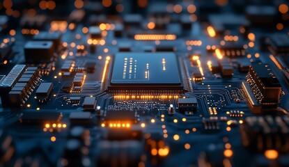 Fototapete - Dynamic perspective of a microprocessor showcasing advanced circuitry with vibrant blue and orange light accents for a techy feel : Generative AI