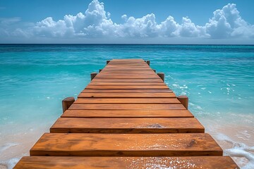 Poster - Wooden Pier Leading to Turquoise Sea and Blue Sky with White Clouds for Tropical Vacation and Relaxing Summer Scene : Generative AI