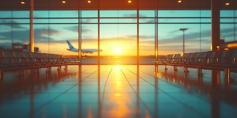 Aufkleber - Airport Terminal at Sunset with Airplane on Runway Through Window Travel Destination and Aviation Theme : Generative AI