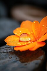 Poster - Water Drop on Orange Flower Petal Macro Shot of Nature's Beauty Raindrop on Vivid Bloom Detailed Floral Photography : Generative AI