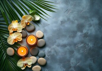 Poster - Tranquil Spa Scene with Orchids Candles Stones and Palm Leaf for Wellness Relaxation and Peaceful Mindfulness : Generative AI