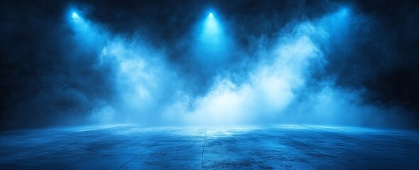 Poster - Dramatic Blue Stage Lighting with Fog and Reflective Floor for Performance and Entertainment Concepts : Generative AI