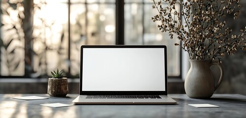 Aufkleber - Minimalist Workspace Setup with Laptop Mockup Plants and Natural Light for Creative Professionals and Remote Work : Generative AI